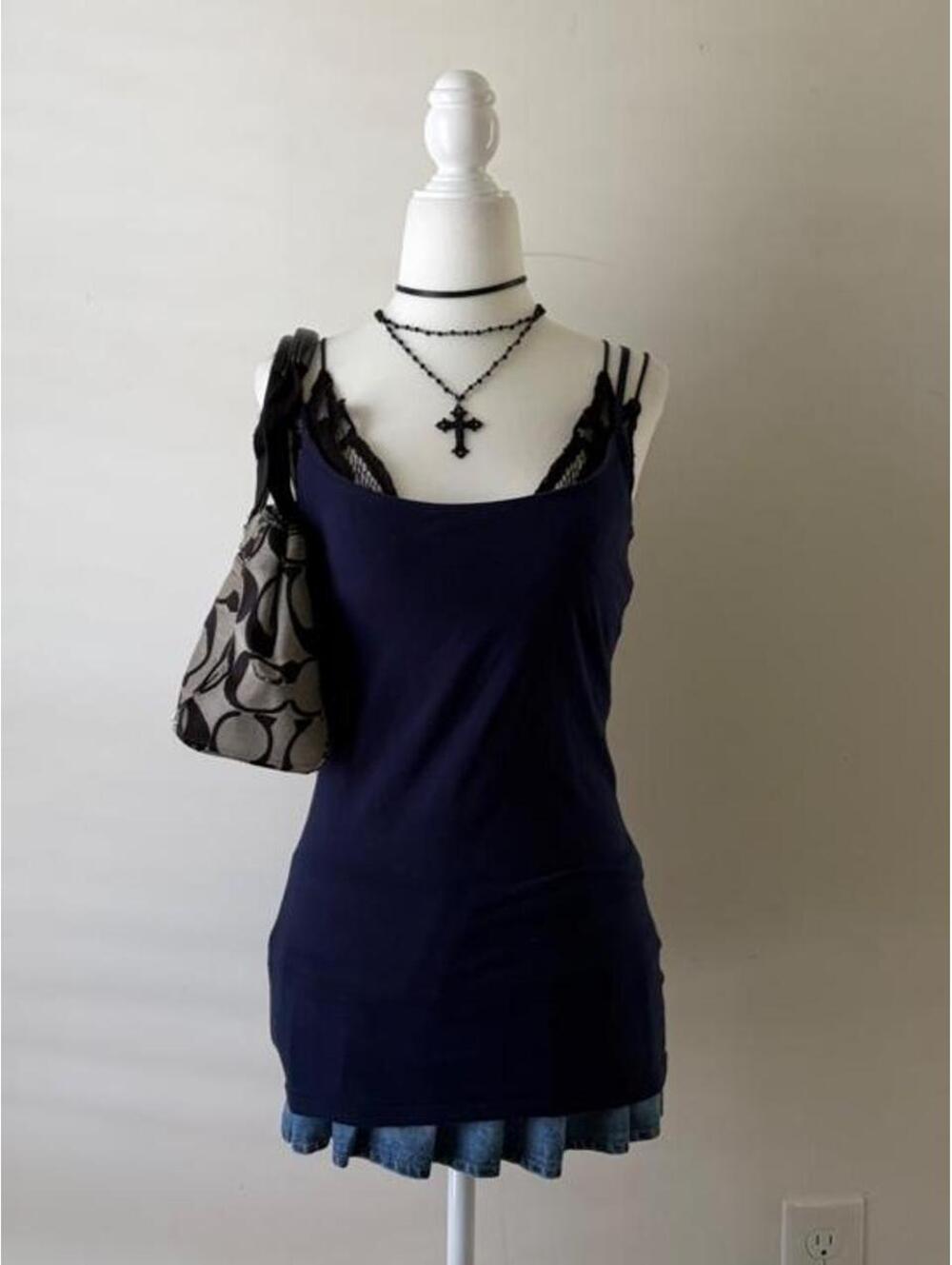 Y2K Navy Blue Longline Cami Tank Top 2000s Basic Stretch Top